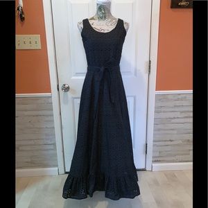Vintage 1970s Kappi Black Eyelet Boho Maxi Dress